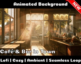 ANIMATED BACKGROUND | Café & Bar in Town | Lofi Cozy Ambience Looped Vtuber Twitch Stream Overlay Background