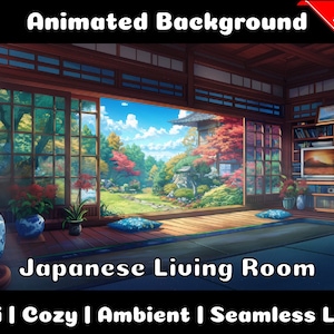 Peut inclure: Fond d'écran animé d'un salon japonais avec vue sur un jardin à travers de grandes fenêtres. La pièce comprend un sol en bois, une bibliothèque, une télévision et quelques objets décoratifs. Le texte "Japanese Living Room" est affiché en bas de l'image.