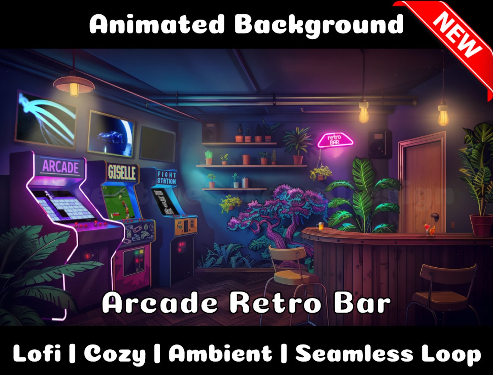 ANIMATED BACKGROUND | Arcade Retro Bar | Lofi Cozy Ambience Looped ...