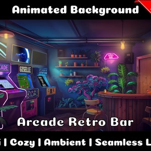 ANIMATED BACKGROUND | Arcade Retro Bar | Lofi Cozy Ambience Looped Vtuber Twitch Stream Overlay Background