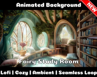 ANIMATED BACKGROUND | Fairy Study Room | Lofi Cozy Ambience Looped Vtuber Twitch Stream Overlay Background