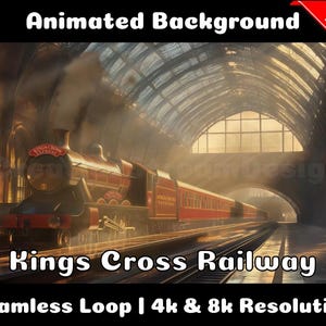 Op de afbeelding: Geanimeerde achtergrond met een rode stoomtrein die uit het station King's Cross vertrekt. De trein rijdt door een groot, gewelfd, glazen station. De achtergrond is een naadloze lus in 4K en 8K resolutie.