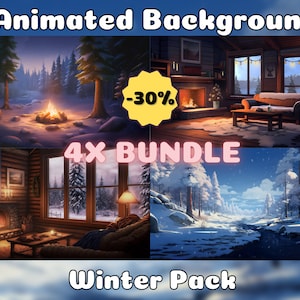 May include: A bundle of 4 animated winter backgrounds for digital use. The backgrounds include a snowy forest, a cabin with a fireplace, a cabin with a window view of a snowy forest, and a campfire in a snowy forest. The text "4x Bundle" and "Winter Pack" are displayed on the image. The text "30% off" is displayed in a yellow circle.