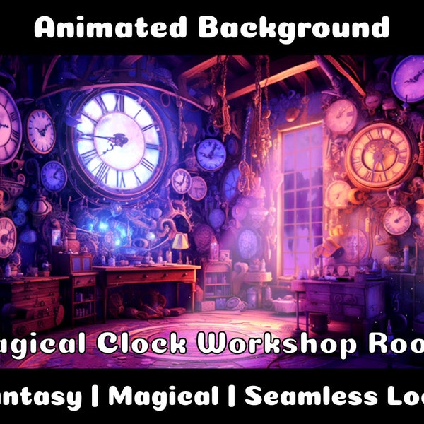 ANIMATED BACKGROUND | Magical Clock Workshop Room | Lofi Cozy Fantasy Looped Vtuber Twitch Stream Overlay Background