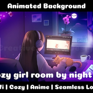 ANIMATED BACKGROUND | Cozy Girl Room by Night | Lofi Cozy Ambience Looped Vtuber Twitch Stream Overlay Background