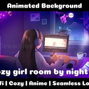 SFONDO ANIMATO | Stanza accogliente di una ragazza di notte | Lofi Cozy Ambiance Looped Vtuber Twitch Stream Overlay Background