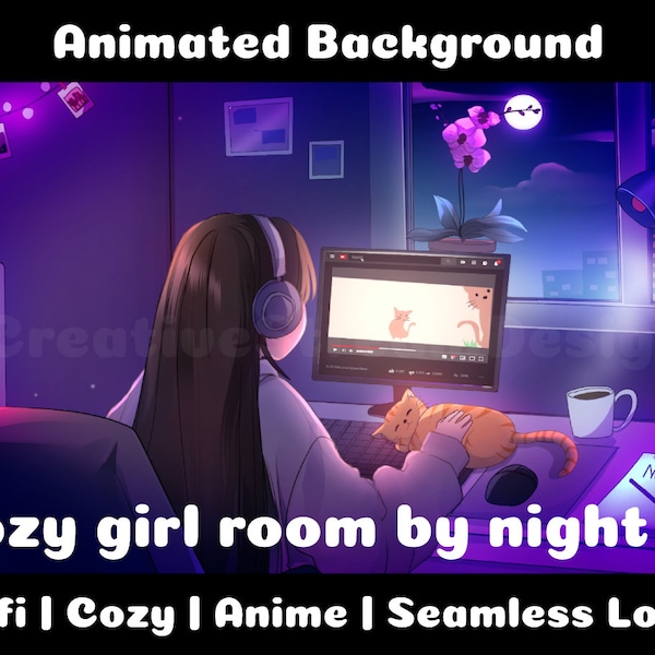 ANIMATED BACKGROUND | Cozy Girl Room by Night | Lofi Cozy Ambience Looped Vtuber Twitch Stream Overlay Background