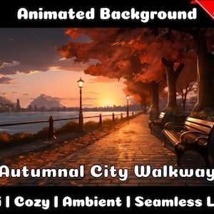 Könnte beinhalten: Animierter Hintergrund mit einer Stadtpromenade, die von Bäumen in Herbstfarben, Bänken und Straßenlaternen gesäumt ist. Der Himmel ist ein leuchtender orangefarbener und rosafarbener Sonnenuntergang. Der Text "Autumnal City Walkway" befindet sich am unteren Rand des Bildes, und der Text "Lofi | Cozy | Ambient | Seamless Loop" befindet sich am unteren Rand des Bildes.