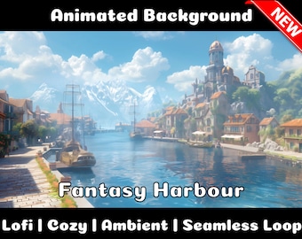 ANIMATED BACKGROUND | Fantasy Harbor | Lofi Cozy Ambience Looped Vtuber Twitch Stream Overlay Background