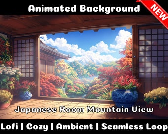 FOND ANIMÉ | Chambre japonaise avec vue sur la montagne | Lofi Cozy Ambiance Boucle Vtuber Twitch Stream Fond de superposition