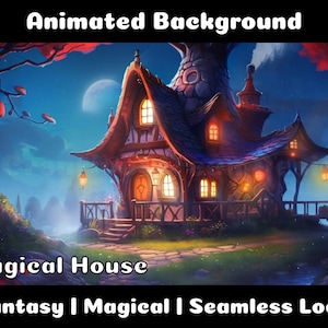 Può includere: Sfondo animato con una casa magica con finestre luminose e un portico, su uno sfondo di cielo notturno con una luna crescente. La casa è circondata da alberi e un ruscello. Il testo "Magical House" e "Fantasy | Magical | Seamless Loop" è visualizzato sotto l'immagine.