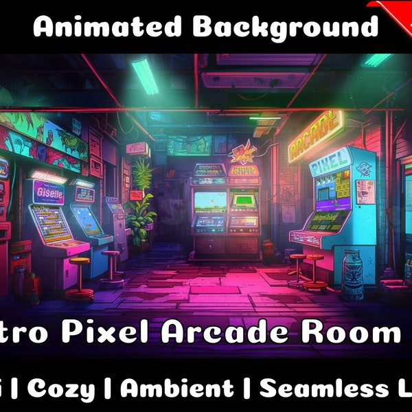 ANIMATED BACKGROUND | Retro Pixel Arcade Room | Lofi Cozy Fantasy Looped Vtuber Twitch Stream Overlay Background