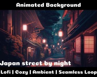 FONDO ANIMADO | Calle japonesa por la noche | Fondo de superposición de transmisión de Twitch de Vtuber en bucle de ambiente acogedor de Lofi