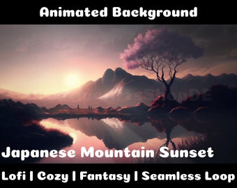 FONDO ANIMADO | Paisaje de montaña japonés al atardecer | Fondo de superposición de transmisión de Twitch de Lofi Cozy Ambiance Vtuber