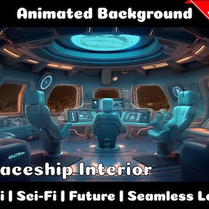 以下が含まれることがあります： 未来的なデザインの宇宙船のインテリアのデジタルイラスト。画像には、複数の座席、スクリーン、都市景観を表示する大きな窓がある制御室が描かれています。画像には「Animated Background」と「Spaceship Interior」というテキストが表示されています。