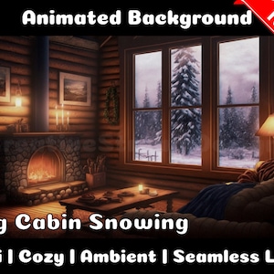 GEANIMEERDE ACHTERGROND | Blokhutkamer met open haard tijdens sneeuwval | Lofi gezellige warme sfeer Vtuber Twitch Stream Overlay achtergrond