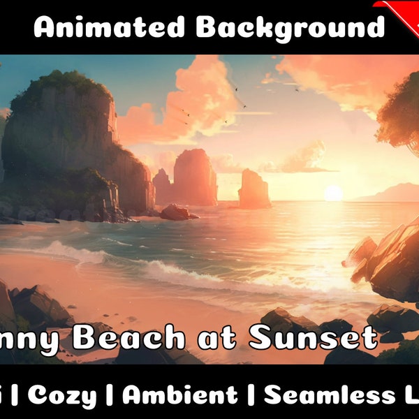 ANIMATED BACKGROUND | Sunny Beach at Sunset | Lofi Cozy Ambience Looped Vtuber Twitch Stream Overlay Background