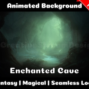 May include: Digital art of an enchanted cave with a glowing green light. The image has the text "Animated Background" and "Enchanted Cave". The bottom of the image reads "Fantasy | Magical | Seamless Loop".