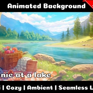 Könnte beinhalten: Animierter Hintergrund mit einer Picknickszene an einem See mit Bergen in der Ferne. Ein Picknickkorb gefüllt mit Obst steht auf einer rot-weiß karierten Decke. Der Text "Picnic at a lake" wird unter dem Korb angezeigt. Der Text "Lofi | Cozy | Ambient | Seamless Loop" wird am unteren Rand des Bildes angezeigt.