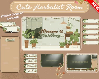 PAQUETE DE TRANSMISIÓN ANIMADA | Linda sala de herbolario | Paquete de transmisión de superposición de Twitch | Lofi Acogedor Dulce Divertido