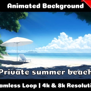 Puede incluir: Fondo animado de una playa de verano privada con una sombrilla blanca y una tumbona en la arena. El cielo es azul con nubes blancas y el océano es turquesa. El texto "Playa de verano privada" está en la parte inferior de la imagen.