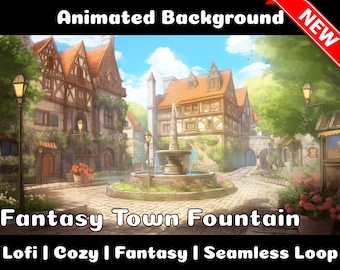 GEANIMEERDE ACHTERGROND | Fantasiestad met fontein | Lofi gezellige fantasie magische lus Vtuber Twitch Stream Overlay achtergrond