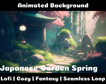 FONDO ANIMADO | Jardín japonés en primavera | Fondo de superposición de transmisión de Twitch de Vtuber en bucle de ambiente acogedor de Lofi