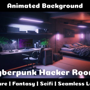 Puede incluir: Un fondo animado de temática cyberpunk que muestra un dormitorio con una cama, un escritorio con un ordenador y luces de neón. El texto "Cyberpunk Hacker Room" se muestra en la parte inferior de la imagen.