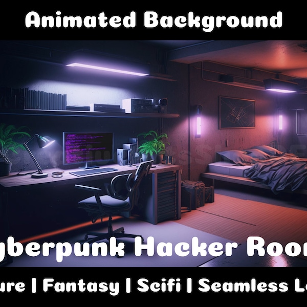 ANIMIERTER HINTERGRUND | Cyberpunk Hacker Raum | Zukunft Fantasie Fiktion Looped Vtuber Twitch Stream Overlay Background