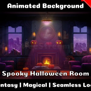ANIMATED BACKGROUND | Spooky Halloween Room | Lofi Cozy Ambience Looped Vtuber Twitch Stream Overlay Background