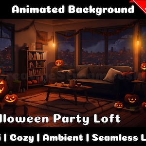 Könnte beinhalten: Animierter Halloween-Party-Loft-Hintergrund mit einer Couch, einem Couchtisch und Blick auf die Stadt bei Nacht. Der Raum ist mit Kürbissen und Girlanden dekoriert. Lofi | Cozy | Ambient | Seamless Loop