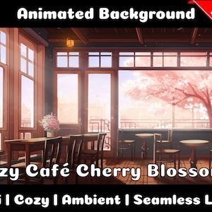 ANIMATED BACKGROUND | Cozy Cafe with Cherry Blossoms | Lofi Cozy Ambience Looped Vtuber Twitch Stream Overlay Background