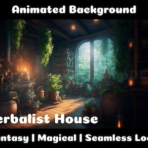 Può includere: Immagine di sfondo animata di una casa di erboristeria. La scena presenta un interno accogliente con travi in legno, vegetazione lussureggiante e illuminazione calda. Il testo sull'immagine recita: "Animated Background, Herbalist House, Fantasy | Magical | Seamless Loop."