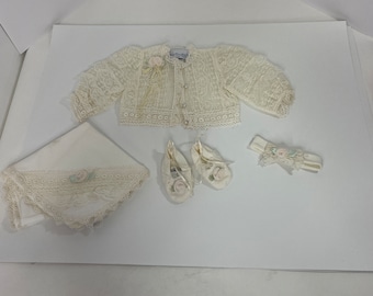 Vintage Baby Girl’s Fancy Cardigan, Booties, Headband, Blanket, Cream, lace, Beads, Ruffles, Pearls 3 to 6 months Dressy Formal Victorian