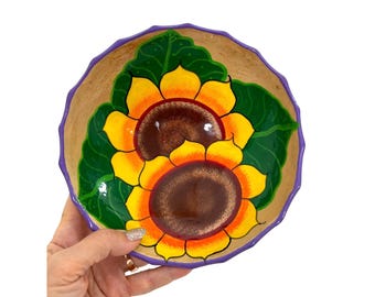 Cuenco colgante de cerámica con girasoles esmaltados de 3 patas, 7,24 x 2,5 pulgadas, estilo vintage, hecho a mano