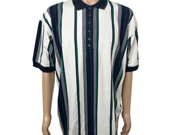 Herren Struktur-Poloshirt Vintage 90er Jahre L Kurzarm Weiß Blau Grün Streifen