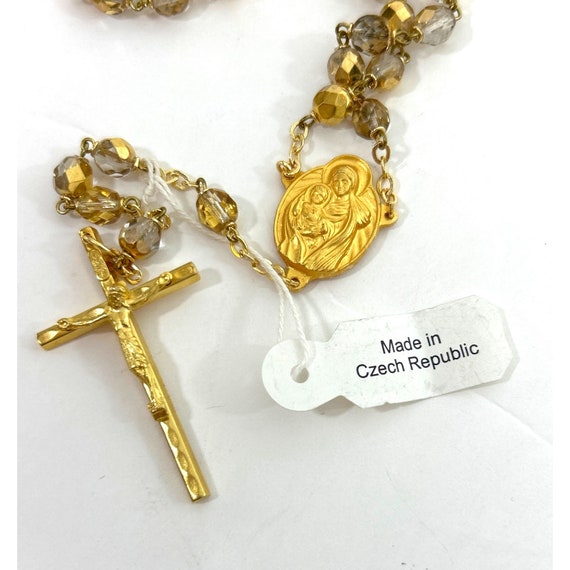 Tri-Color Gold Rosary Necklace With Crystal Medallion & Cross - Religious Y-Drop Chain For Women