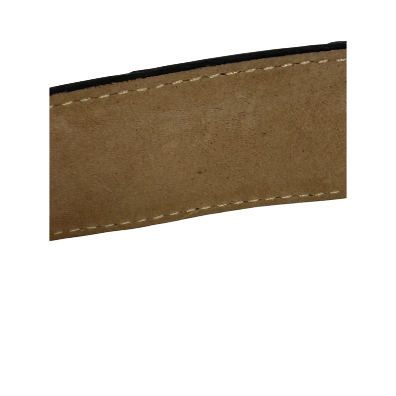 Puede incluir: Primer plano de una secci&oacute;n de un cintur&oacute;n de cuero. El cintur&oacute;n es de color marr&oacute;n claro con un borde negro y costuras blancas. El cuero tiene un aspecto texturizado.