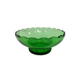 E.O.Brody Co. Vintage Green Glass Bowl M2000 Cleveland, O., U.S.A. Scalloped Top Edge, Fluted Base, 6.5” Diameter 3” Tall 3” Base Diameter