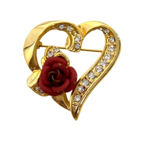 Heart Brooch Pin Gold Tone Red Ceramic Rose Clear Rhinestones Shiny Roll Tab Arm Closure Vintage Gold Brushed Petsls Unbranded 1.5” x 1.5”
