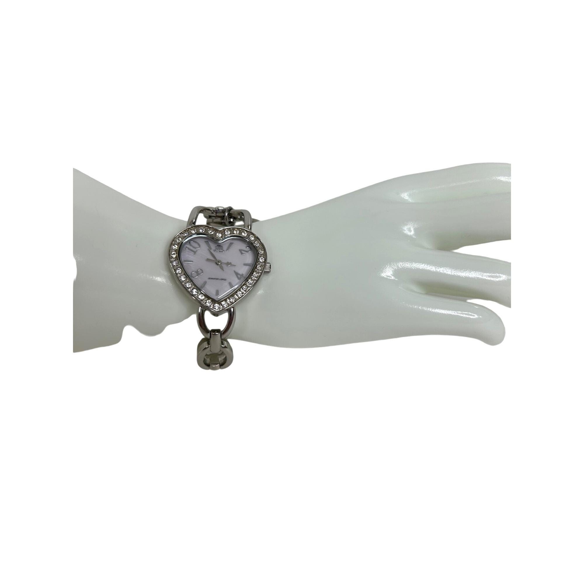 Watch by JLo in Heart Shaped Silver Tone Bracelet with Heart Face Jennifer Lopez Heart Wristwatch Vtg Lock Key Charms White  main image 3