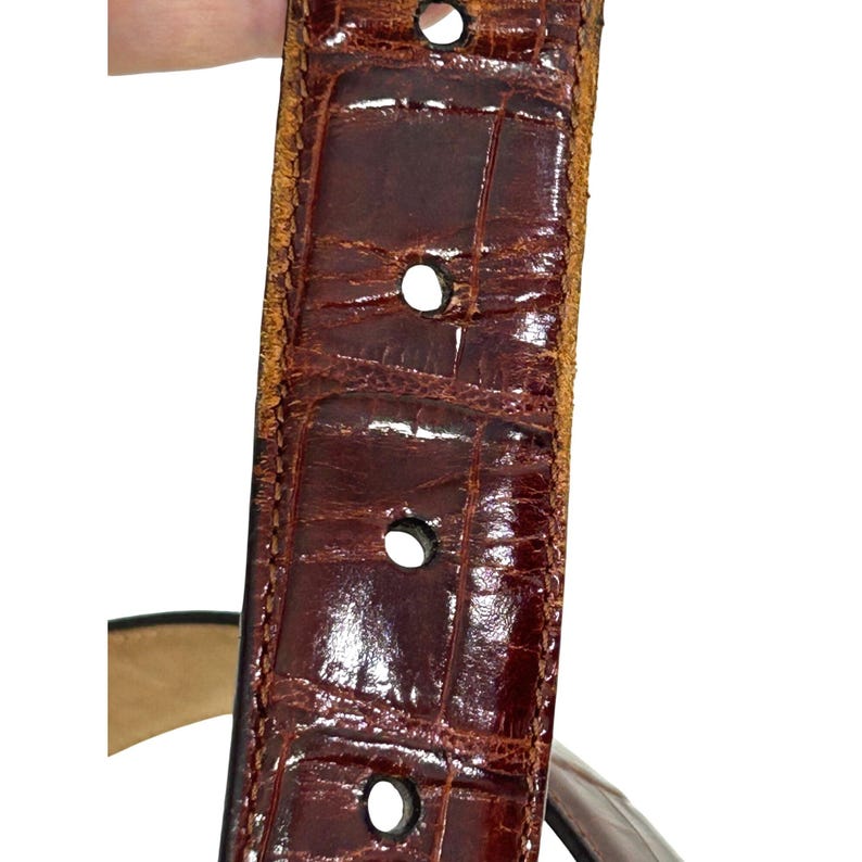 Puede incluir: Primer plano de un cintur&oacute;n de cuero marr&oacute;n con textura de piel de cocodrilo. El cintur&oacute;n tiene varios agujeros espaciados uniformemente y una superficie brillante y texturizada. El cuero es de un color marr&oacute;n oscuro intenso.