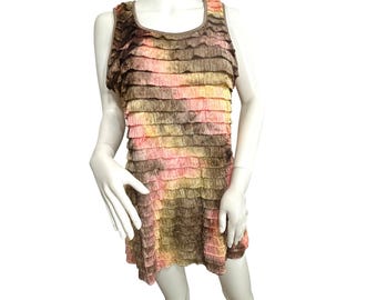 NY Collection Ruffled Blouse L Sleeveless Brown Yellow Pink Orange Tiered Dressy