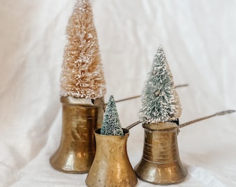 Vintage Brass Turkish Coffee Pots Set, Etched Handles, Neutral Decor