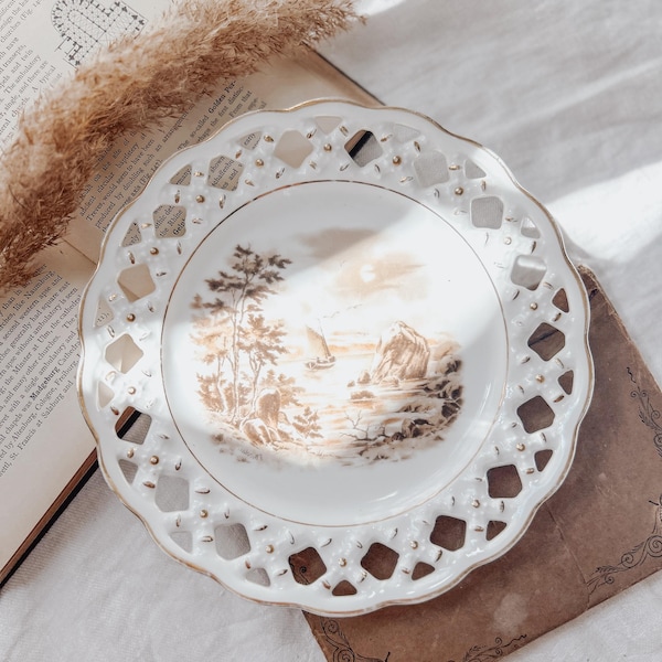 Vintage Seascape Decorative Dish, Sailboat Scene; Cottage Plate