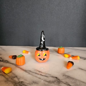 Handmade clay vintage "Gurley candle" pumpkin with Witch hat replica.