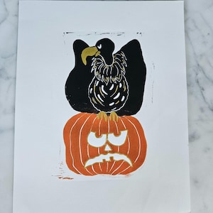 Halloween Vulture Linocut Print- mixed media