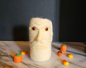 Needle felted grumpy haunted pillar candle - a "Spirited Wick"