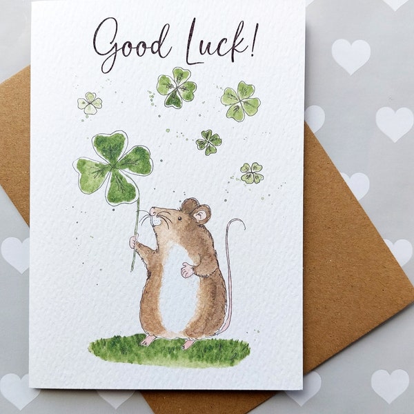 Four leaf clover good luck card/ Good luck card/ Mouse good luck card/ Be Lucky card/Good luck in your new job/ Wishing you luck card.