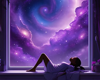 Dreamy Galaxy Window Girl Printable Wall Art | Celestial AI Digital Download